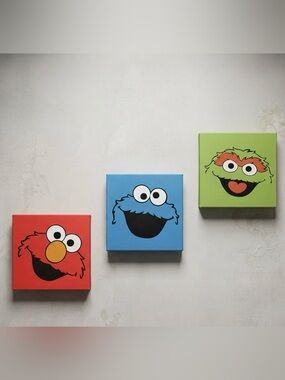 Handmade Sesame Street 3 Piece Canvas Wall Art Set Elmo Cookie Monster Oscar